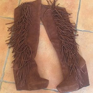 Suede fringe over the knee boots